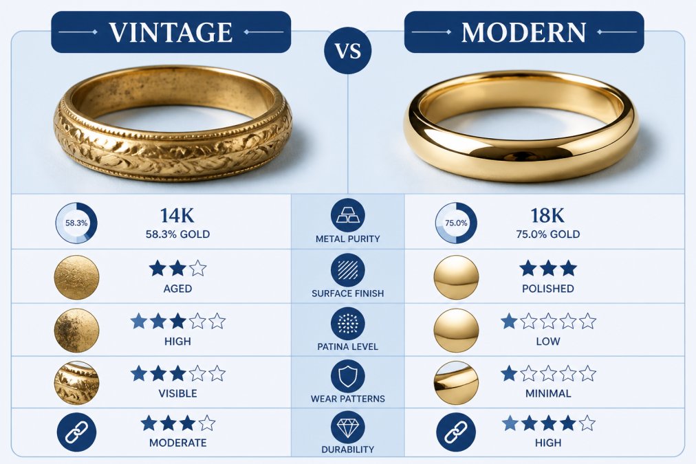 Close-up of vintage and modern gold rings displayed side by side, showing different surface finishes, patina levels, and wear patterns under natural light