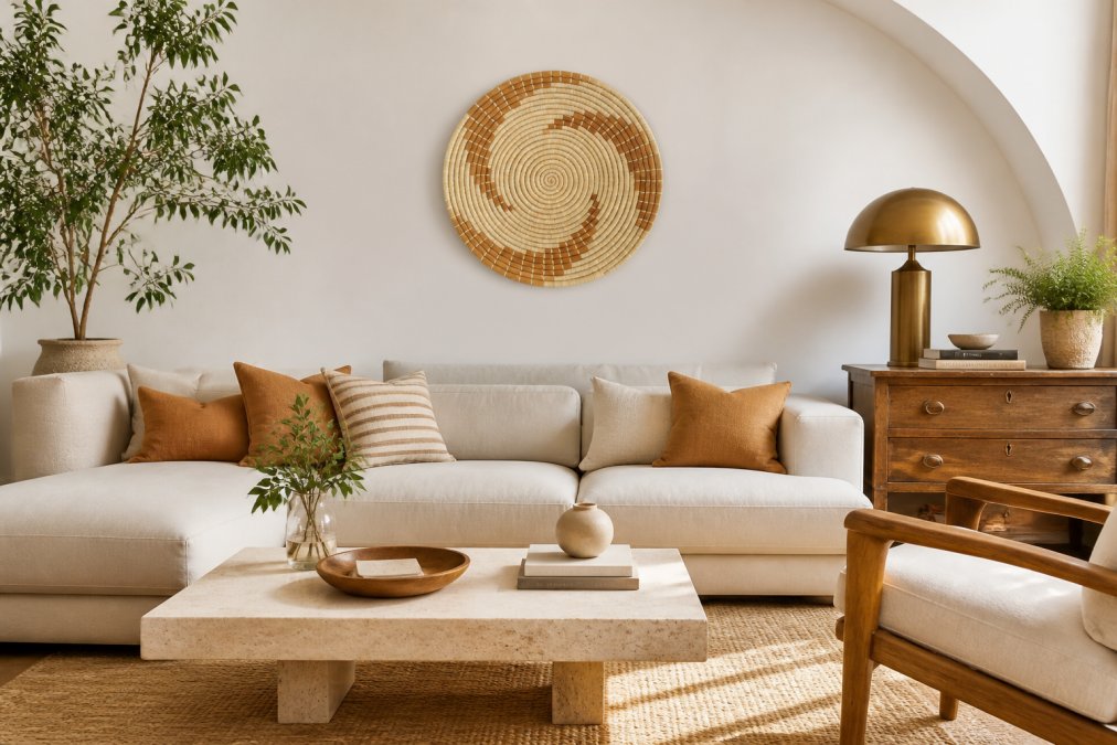 A carefully styled living room interior showcasing a mix of modern minimalist furniture with vintage wooden side tables, brass accents, and handwoven wall baskets displayed on the wall, demonstrating balanced proportions and layered textures in warm natural light