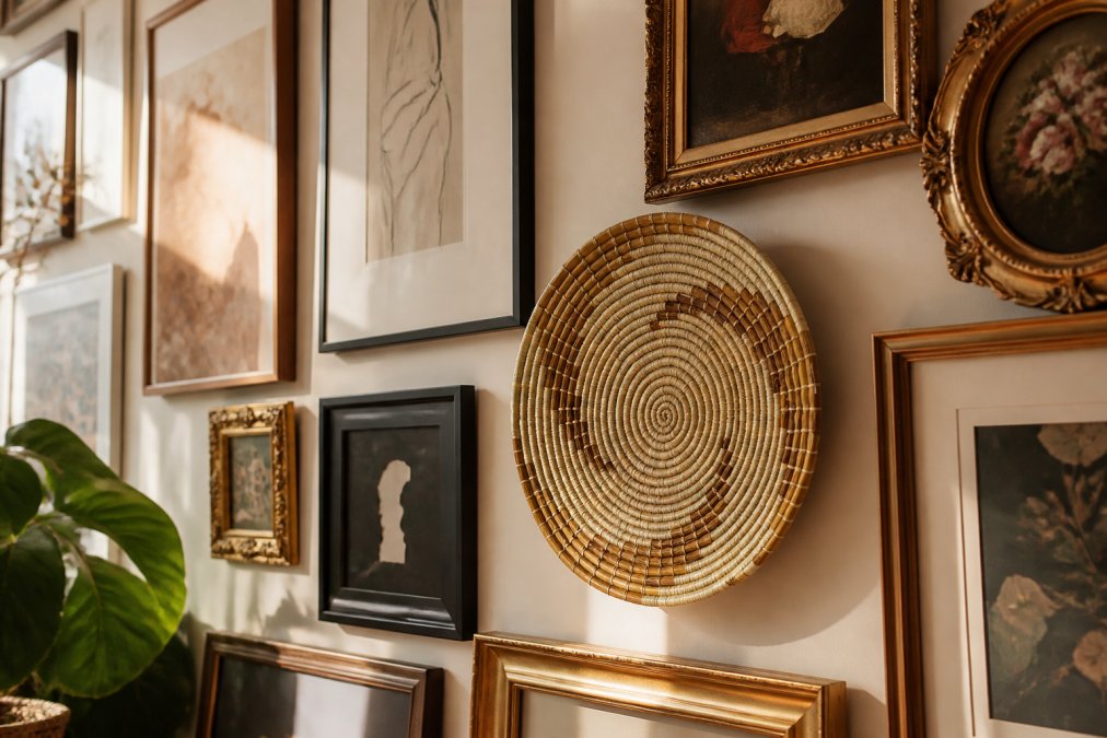 Close-up detail of a thoughtfully curated gallery wall featuring a mix of modern minimalist frames, vintage framed objet d'art, and handwoven wall baskets displayed with warm accent lighting highlighting the textures and patina of each piece