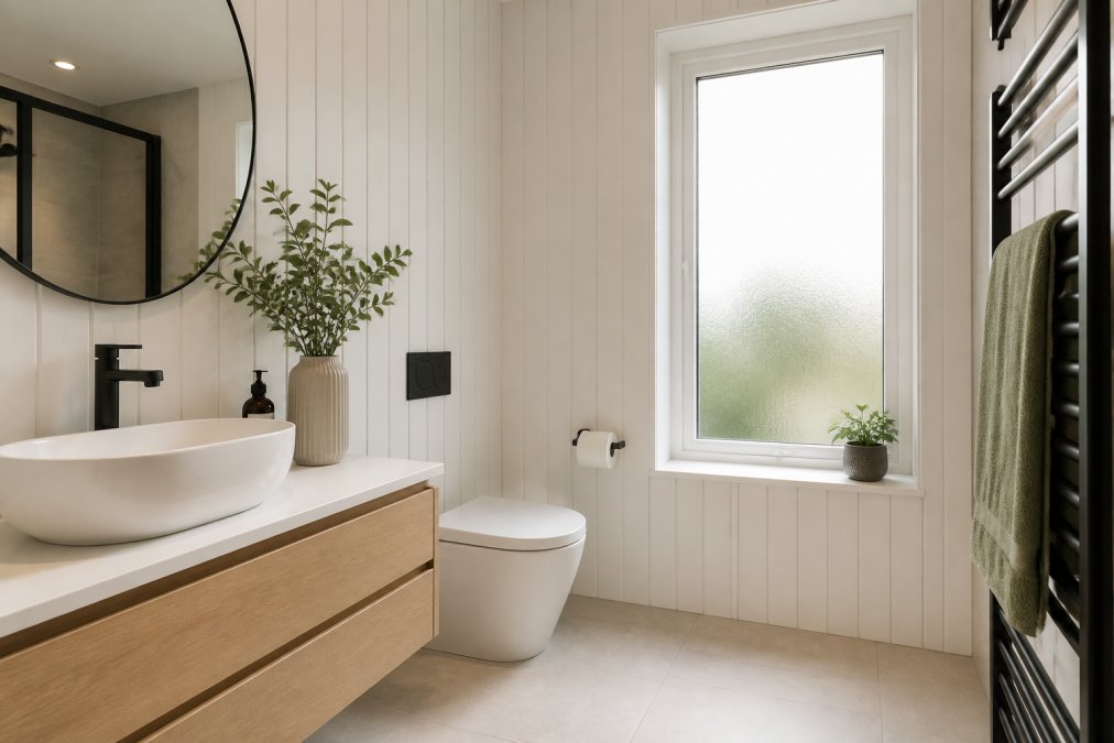 Modern bathroom featuring white vertical slat wall panels with contemporary fixtures, natural morning light streaming through a frosted window, showing clean geometric lines and minimalist decor