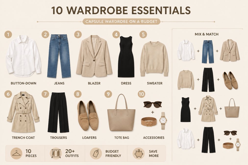 Flat lay of curated wardrobe essentials arranged neatly on neutral background, crisp white button-down shirt, classic straight-leg jeans, tailored blazer, black dress, suede loafers, and neutral accessories showing how pieces coordinate together