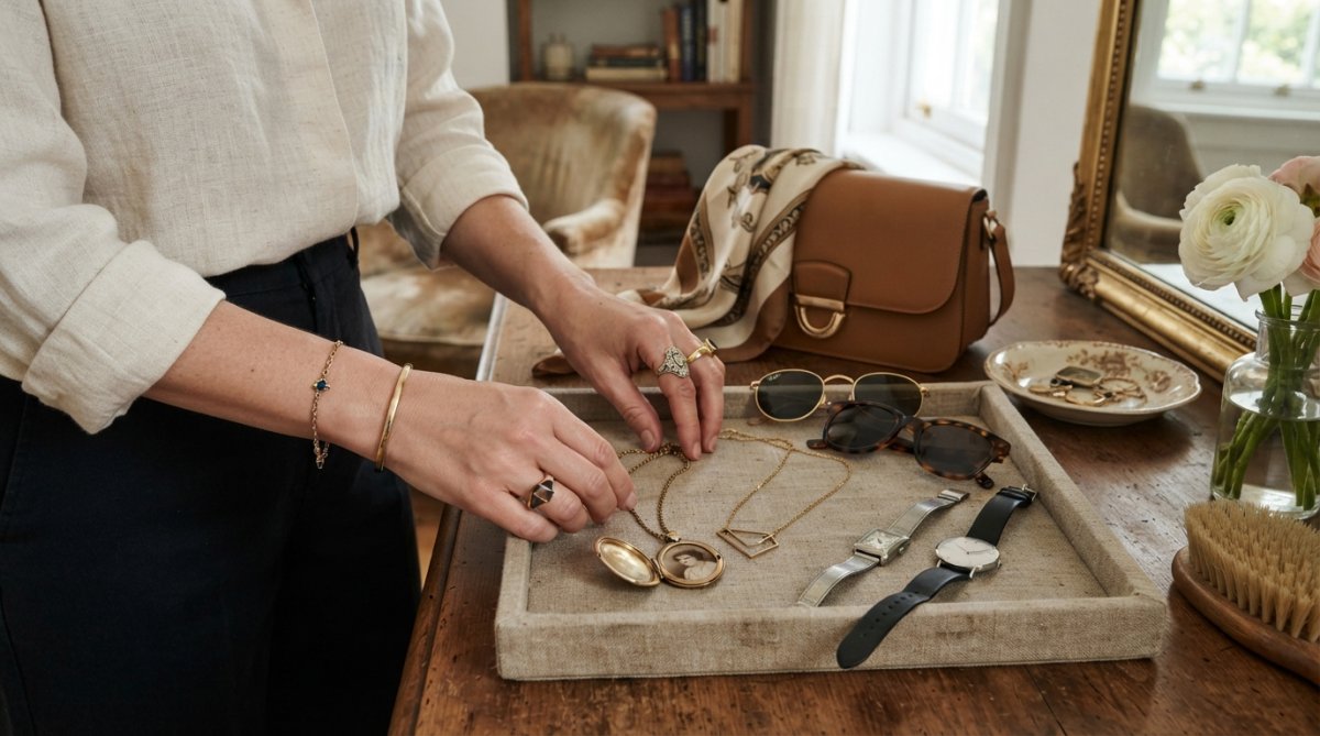 A woman wearing a vintage leather jacket layered over a contemporary white minimalist shirt with slim-fit modern trousers, styled with delicate gold jewellery in natural daylight