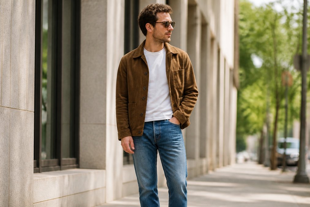 A stylish man in his 30s wearing a vintage corduroy jacket over a plain white t-shirt and modern straight-leg jeans, standing in a bright urban setting with soft natural light