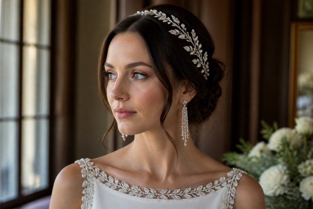 Bride wearing a complete bridal ensemble with pearl alloy leaf headpiece, crystal tassel earrings, and marquise crystal sash, photographed from the shoulders up in natural lighting showing how accessories complement each other