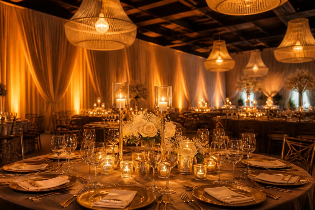 Elegant wedding reception with warm golden uplighting illuminating draped fabric walls, candlelit tables with soft ambient glow, and statement pendant lights creating layered luxury lighting atmosphere