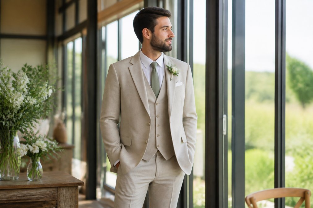 A groom wearing a relaxed-fit suit with natural shoulder construction and comfortable silhouette, standing confidently at a wedding venue with soft natural light filtering through windows
