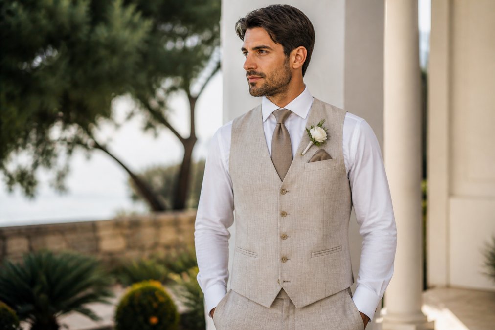 A man wearing a textured waistcoat in neutral tone layered over a crisp dress shirt, with a coordinating pocket square and boutonniere, showing complete modern wedding styling