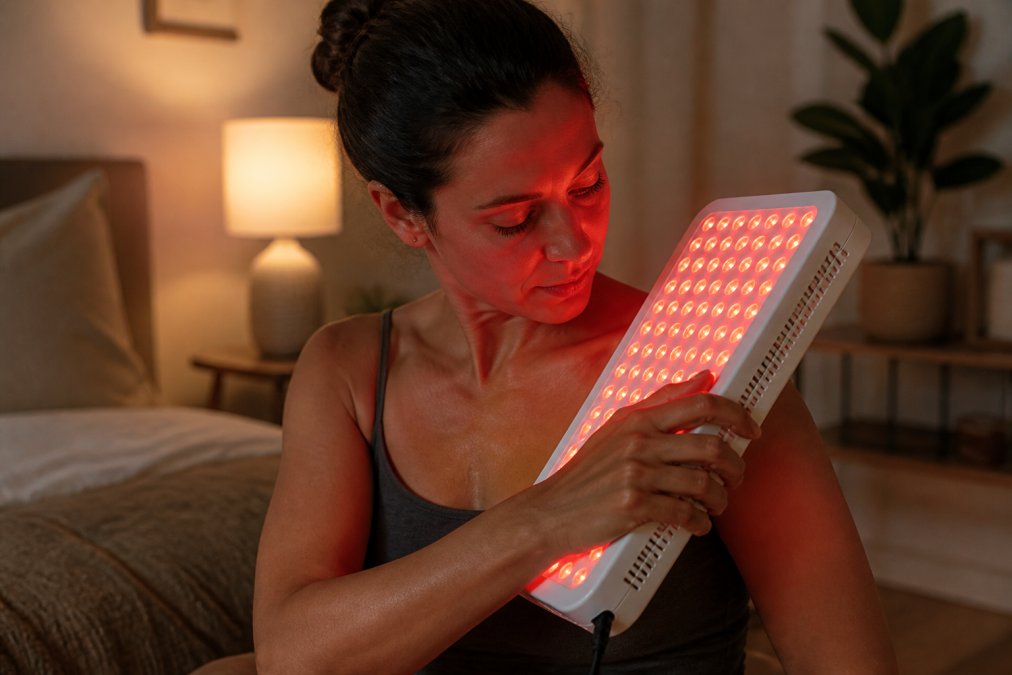Person using a red light therapy panel on their shoulder during an evening recovery session in a calm, dimly lit bedroom with warm ambient lighting