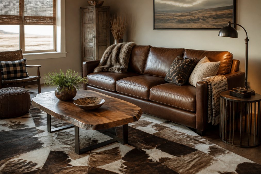 A sophisticated living room featuring a custom leather sofa, live edge wood coffee table, iron accent lamp, patchwork cowhide rug, and warm neutral walls with bamboo shades in natural afternoon light