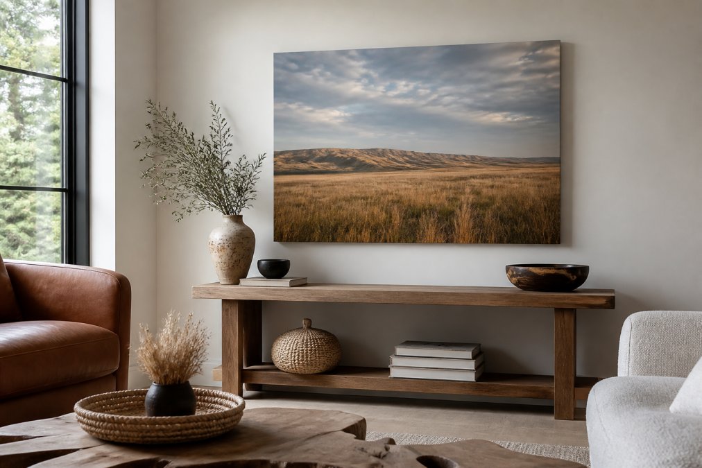 A large archival canvas print of a Great Plains prairie landscape hung above a minimalist console table in a bright, contemporary living space with earthy tones and organic materials