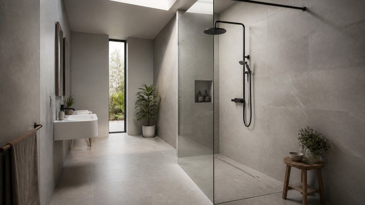 Contemporary wet room featuring large-format pale grey tiles, a frameless glass shower screen, minimalist white wall-mounted basin, natural light from above, and polished concrete accents