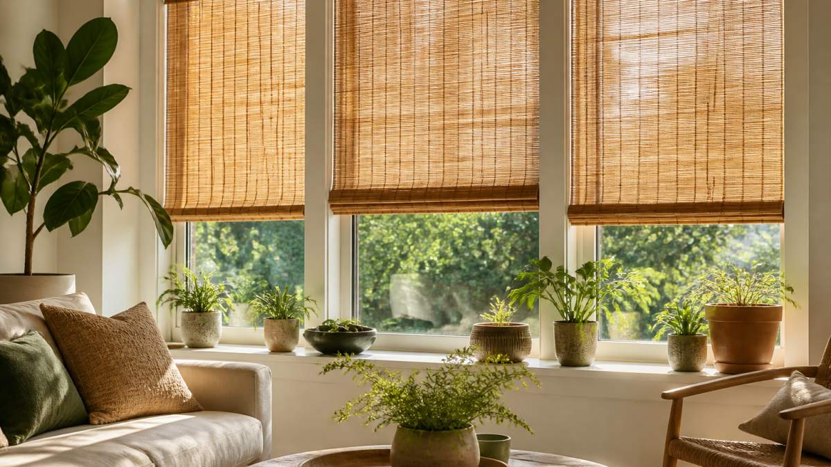 Bright living room with woven wood shades filtering warm natural sunlight through large windows, paired with earthy-toned furnishings and potted plants on the windowsill