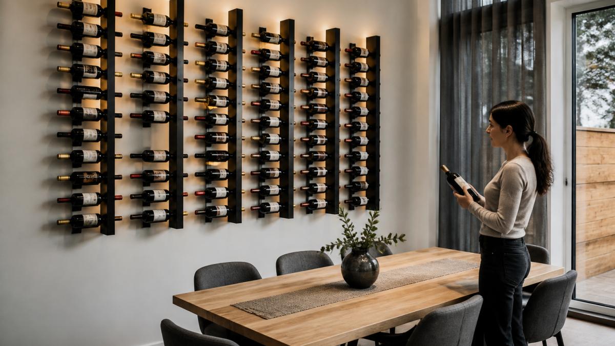 Modern dining room with a sleek matte black wall-mounted wine display showcasing wine bottles against white walls, with warm lighting highlighting the bottles and finish
