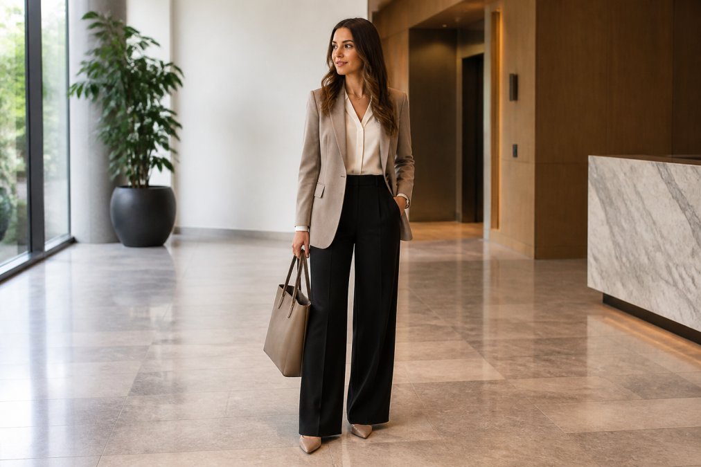 A confident professional woman in a structured camel blazer and wide-leg charcoal trousers standing in a bright, modern office lobby, holding a structured black leather tote bag, natural light streaming through floor-to-ceiling windows
