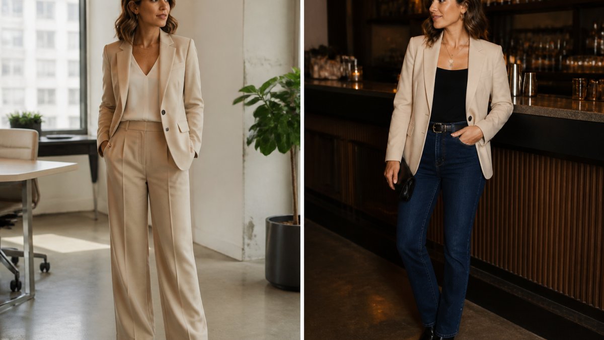 Professional woman in a tailored blazer and matching wide-leg trousers in an office setting with natural window lighting, then the same blazer styled with dark denim jeans at a casual evening venue