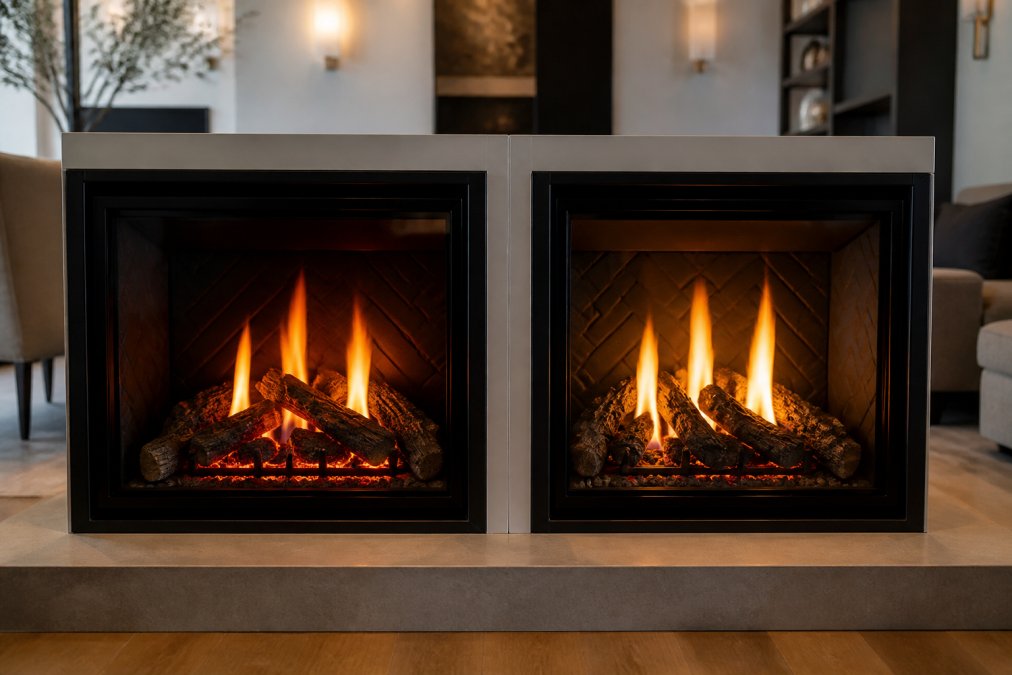 Close-up of a gas fireplace with realistic dancing flame patterns, glowing amber and orange embers, and hand-painted ceramic logs in a modern living room with warm ambient lighting