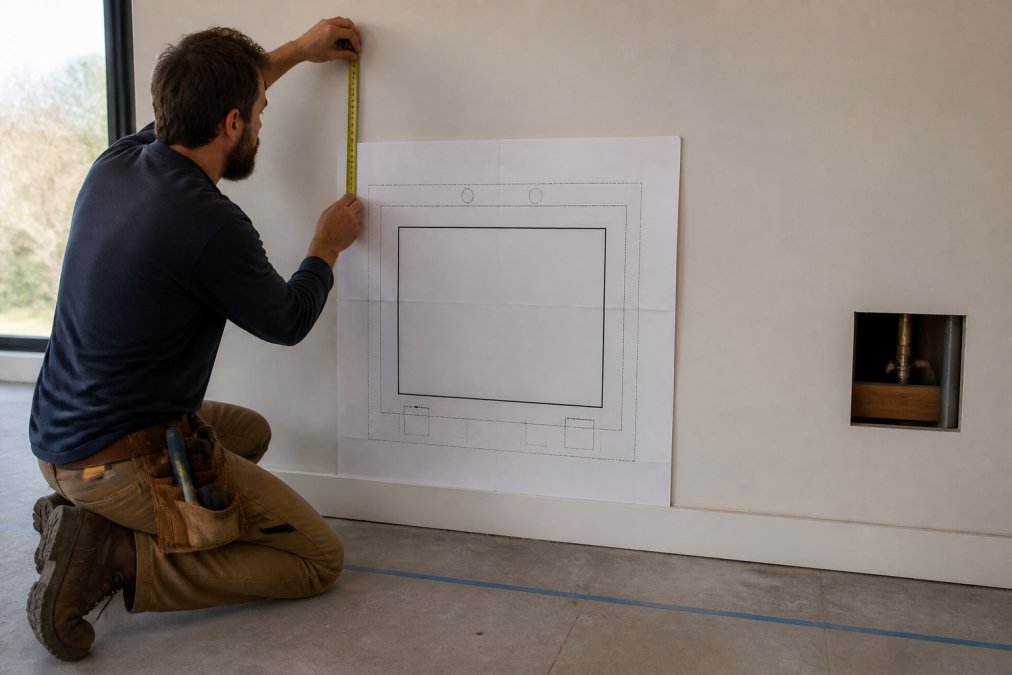 Professional installer measuring and marking wall clearance requirements with a measuring tape, positioning a direct-vent gas fireplace installation template against drywall in a modern home
