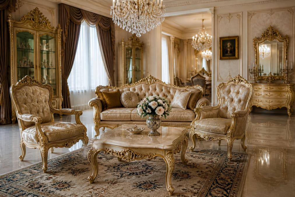 Elegantes Wohnzimmer mit opulenten Barockmöbeln in Gold- und Creme-Tönen, detaillierte Schnitzereien an Sesseln und Kommoden sichtbar, kristallklare Kronleuchter hängend, Samt-Polsterung in warmen Farbtönen