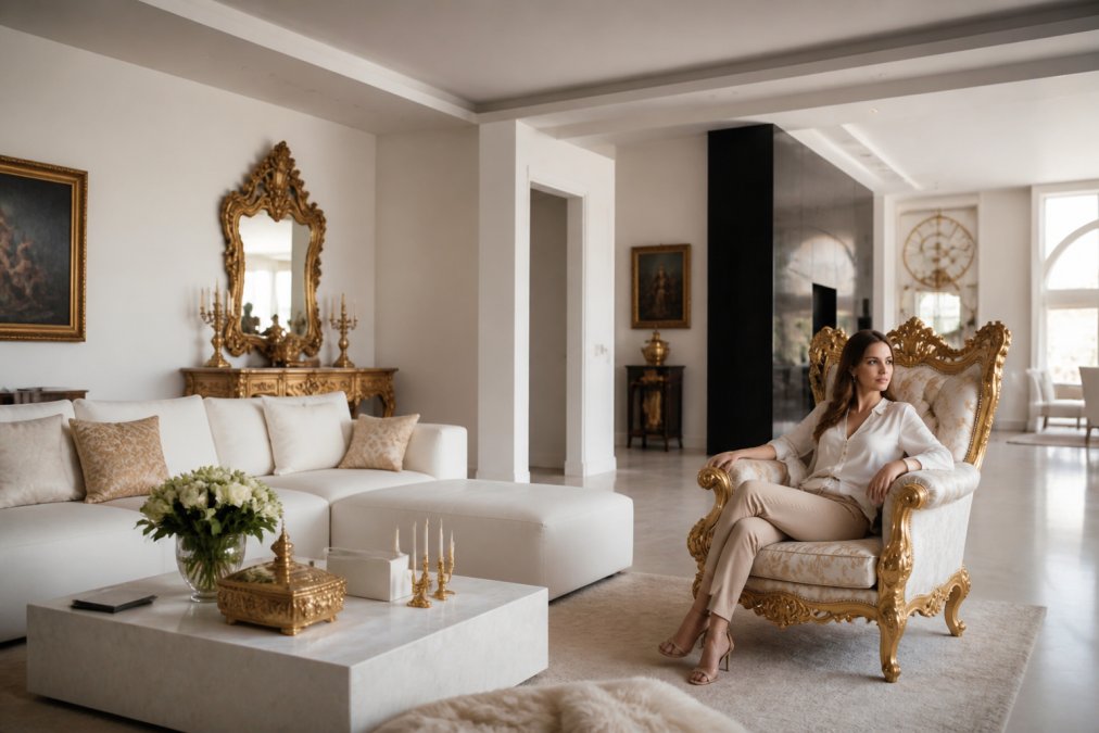 Modernes Wohnzimmer mit zeitgenössischen Elementen und ausgewählten barocken Akzenten, helle Wandfarben mit luxuriösen Barockstücken in Gold und Creme, Kontrast zwischen minimalistischer Architektur und opulenten Möbeln, Person sitzt entspannt in Barocksessel