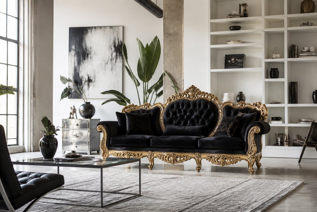 Prunkvolles goldenes Barock Sofa mit schwarzer Samtpolsterung neben minimalistischen weißen Regalen, modernen Kunstwerken und industriellen Elementen in einem hellen, großzügigen Wohnzimmer
