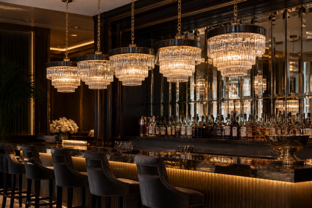 Luxuriöse Kristall-Pendelleuchten über einem Tresen für moderne Beleuchtung für gastro bars richtig planen