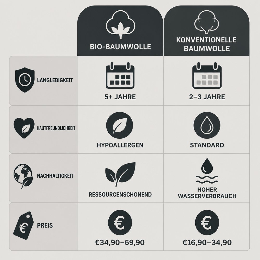 Vergleichsmatrix für moderne Heimatmode zeigt Unterschiede zwischen Bio-Baumwolle und konventionellen Stoffen bei Qualität.