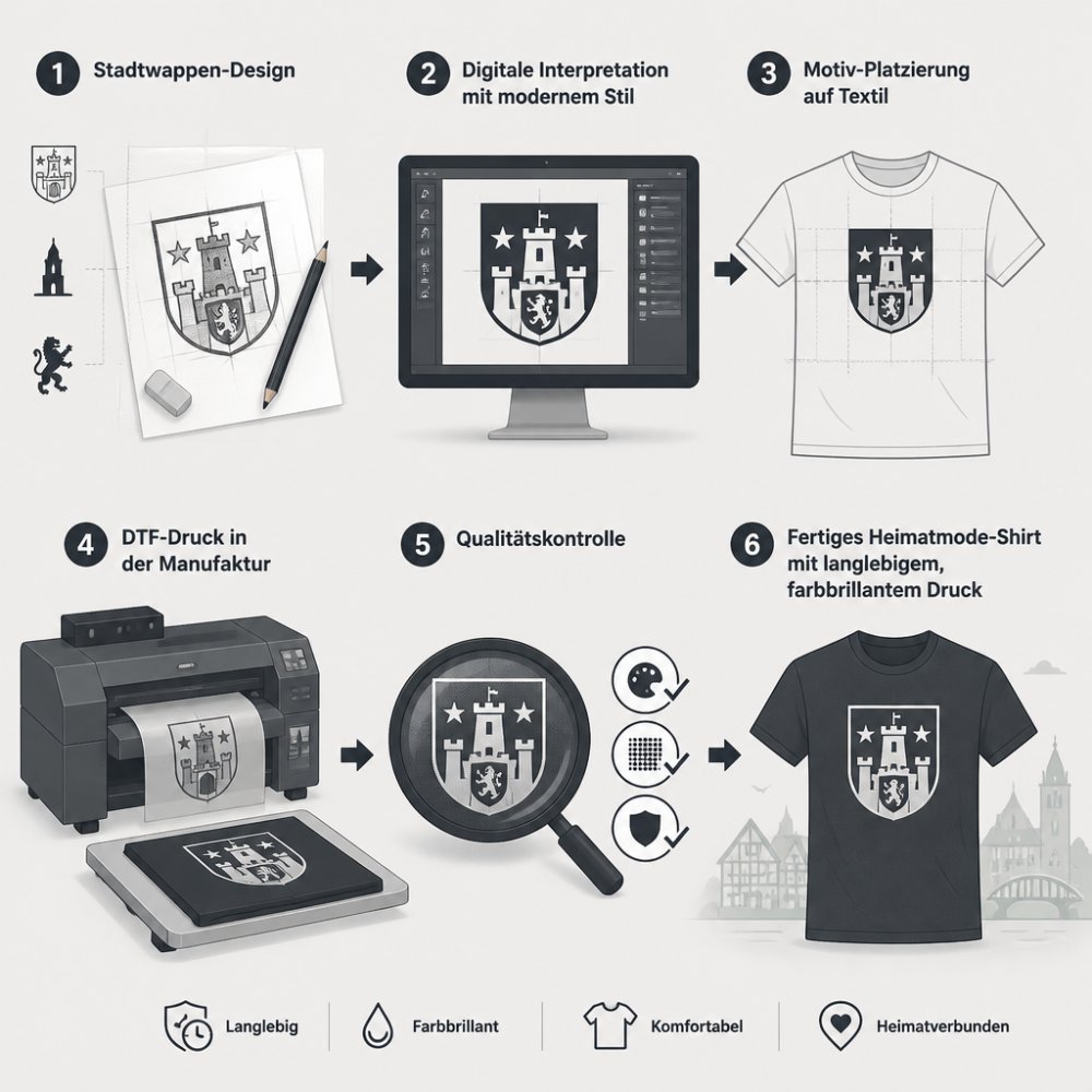 Prozessdiagramm zur Entstehung von moderner Heimatmode vom Stadtwappen-Design bis zum fertigen Shirt mit DTF-Druck.