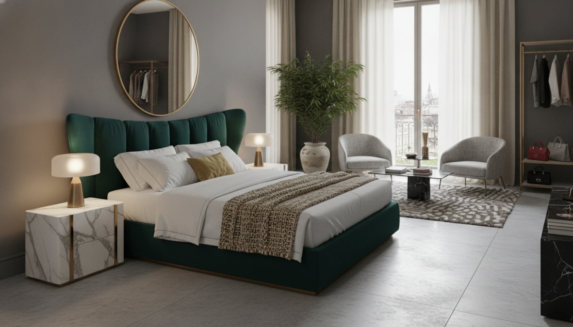 Elegantes Boutique-Hotel-Zimmer mit modernen Designermöbeln, Marmor-Akzenten, warmer Beleuchtung und luxuriösen Textilien, arrangiert für Instagram-würdige Fotografie