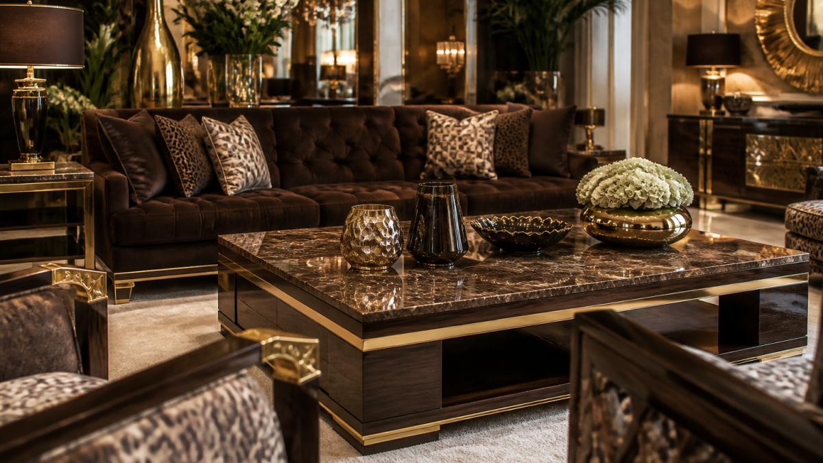 Elegantes, maximalistisch eingerichtetes Wohnzimmer mit einem opulenten Sofa, einem Couchtisch aus Massivholz und Marmor sowie dekorativen Wohnaccessoires in Schokoladenbraun und Goldtönen