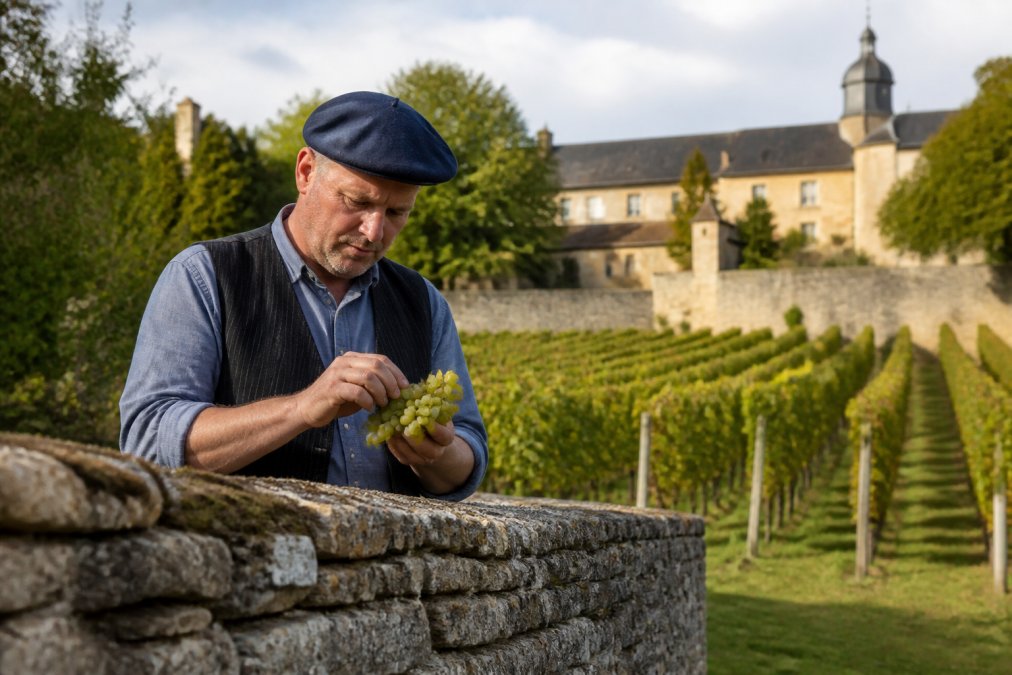 Winzer in traditioneller Arbeitskleidung prüft Trauben an einer alten Weinbergsmauer, im Hintergrund moderne Rebzeilen und ein historisches Weingut
