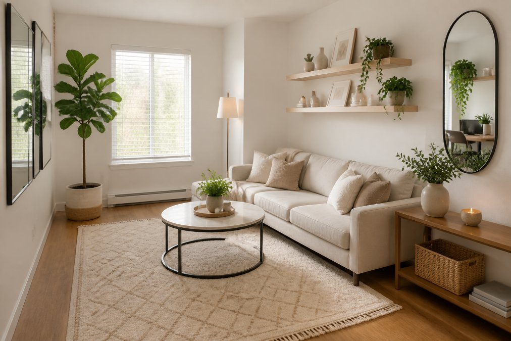 Heldere, moderne kleine woonkamer met strategisch geplaatste spiegel tegenover raam, zwevende wandplanken met minimale decoratie, smalle bijzettafel naast bank, en warm kunstlicht dat diepte creëert