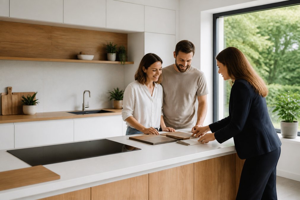 Moderní kuchyně na míru s minimalistickým designem, bílými skříňkami, dřevěnými prvky a přirozeným světlem proudícím z okna.