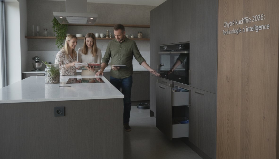 Moderní kuchyňský ostrůvek s&nbsp;chytrým osvětlením a&nbsp;digitálním panelem zobrazujícím recepty jako kuchyňské trendy 2026.
