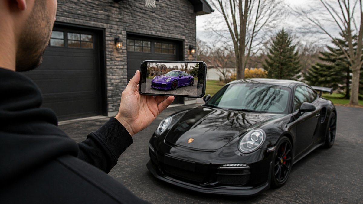 A person standing in a driveway holding a smartphone beside a dark sports car, the phone screen displaying the same car in a different color, soft overcast daylight
