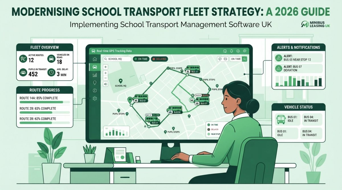 School transport manager reviewing real-time GPS tracking dashboard with active bus routes displayed on digital map in modern office environment