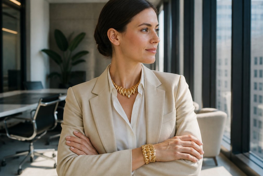 Professional woman wearing a bold modernist statement necklace with elongated geometric links in gold, paired with tailored white button-down shirt and neutral blazer, photographed in bright modern office with floor-to-ceiling windows and minimalist décor