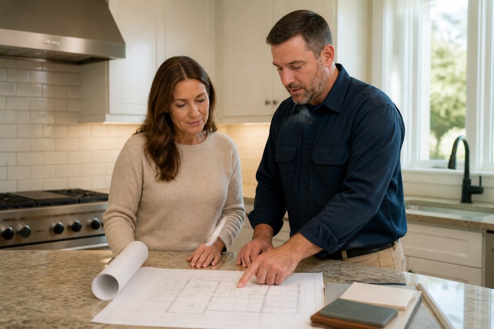 A homeowner in a bright kitchen reviewing a tablet while a contractor in a work shirt points at details of a renovation plan