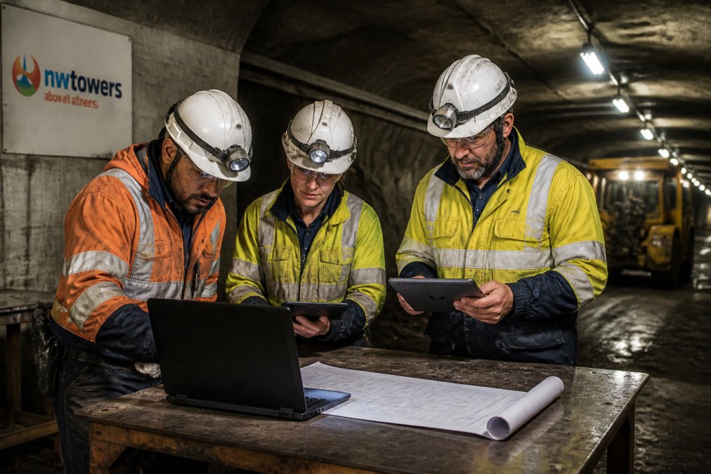 Mining operations team reviewing digital dashboards and monitoring systems on tablets and laptops in an underground mining facility with industrial lighting