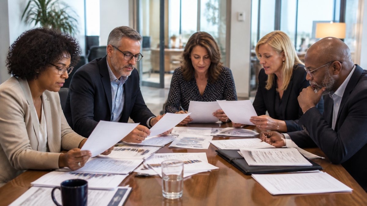 A diverse group of association board members and executives reviewing printed assessment scorecards and a laptop around a conference table in a bright modern office