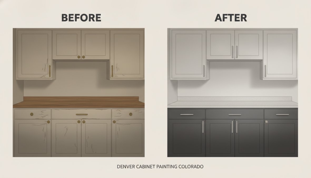 Before-and-after side-by-side comparison showing a dated 1980s kitchen with worn laminate cabinets and dull finishes next to the same cabinet space modernized with fresh satin-finish paint, new brushed nickel hardware, and subtle two-toned color treatment in bright natural lighting