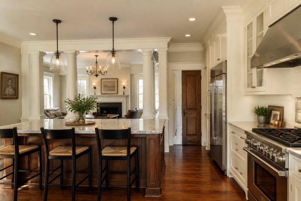 Interior view of a historic colonial home with original trim moldings and period details, showing a seamlessly integrated modern kitchen with stainless steel appliances and contemporary lighting that respects the original architectural character