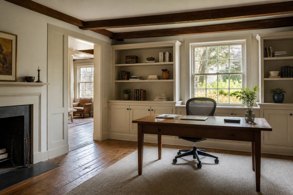 Modern desk with laptop set in a room of historic homes featuring wide-plank floors and exposed wood beams.