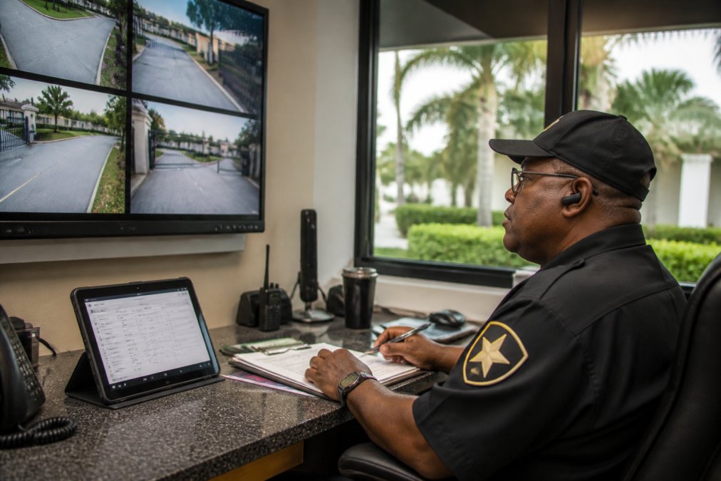 A security guard at a modern gatehouse monitoring multiple camera feeds on a large screen, with a clipboard and a tablet showing a digital visitor log on the desk