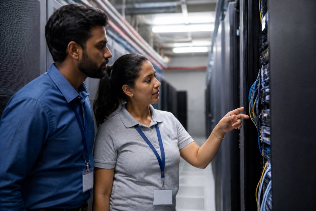 IT security team members monitoring multiple screens displaying real-time security dashboards, network traffic analysis, and infrastructure alerts in a modern operations center with blue-tinted lighting