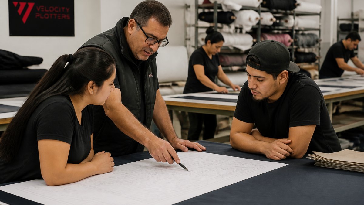 Modernizing Manual Apparel Cutting Workflows: 2026 Guide 2 Production manager and operators reviewing a diagram of apparel cutting workflows in a factory setting