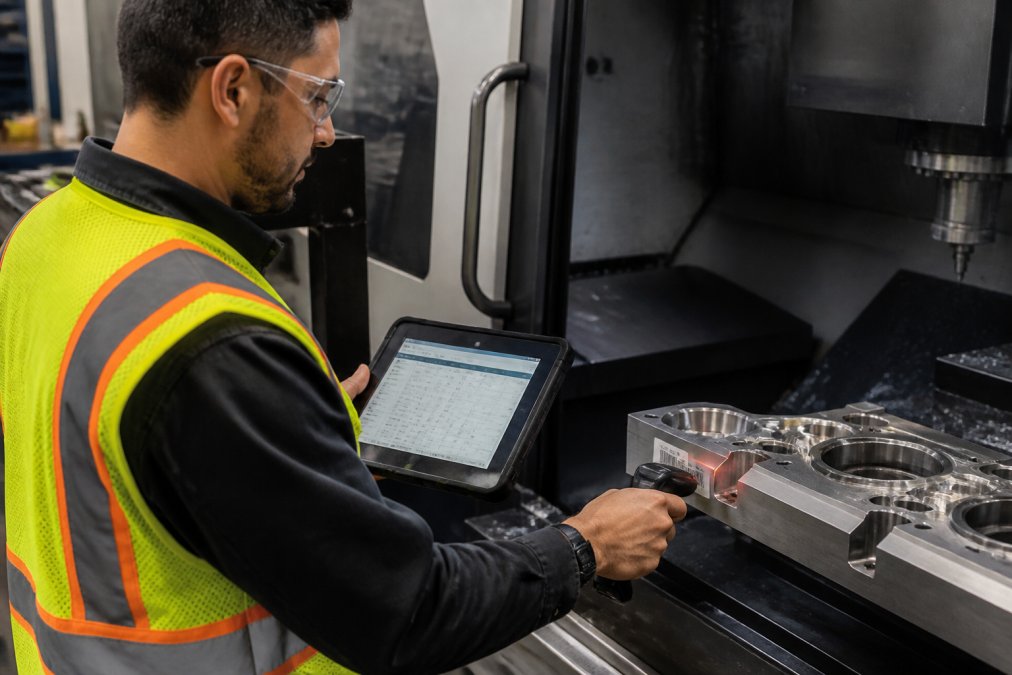 Engineer using a rugged tablet for production tracking while scanning a metal component at a CNC machine