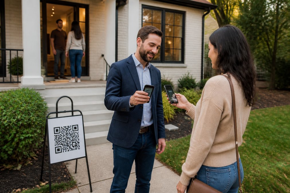 Real estate agent holding smartphone at open house entrance with QR code visible on sign outside property, visitor scanning code to check in