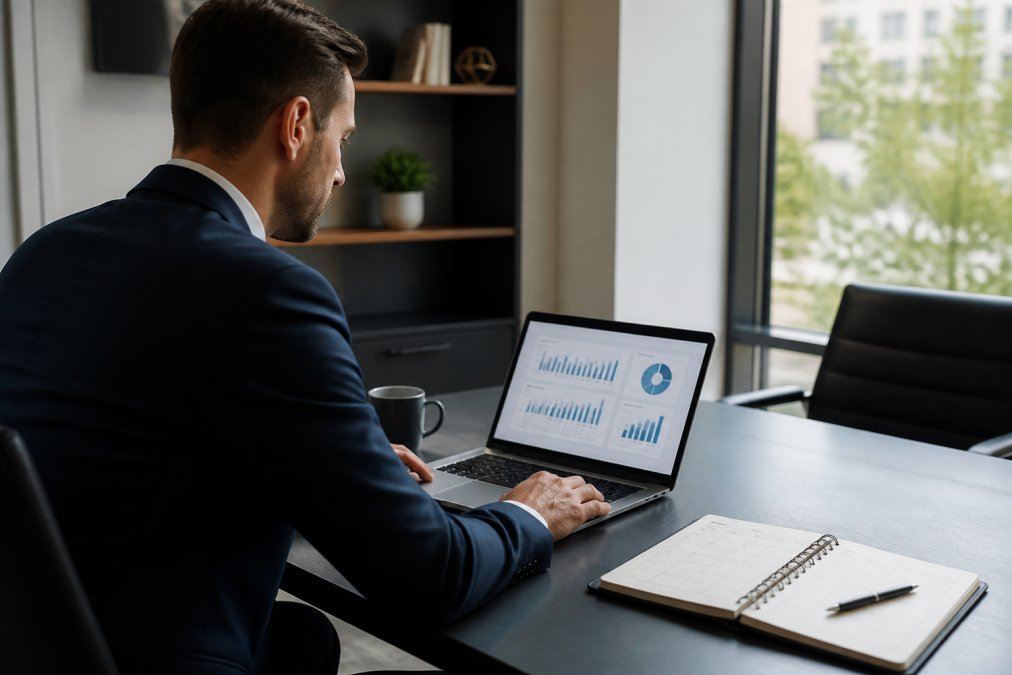 Real estate professional reviewing visitor data and reports on laptop screen in modern office, with calendar and notes visible on desk