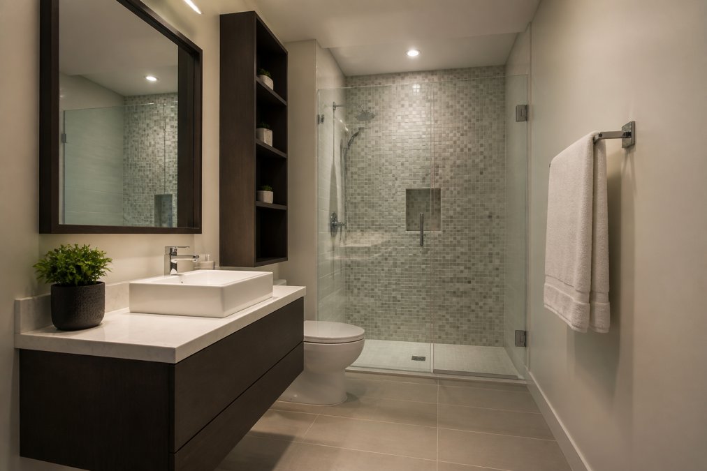 Modern small bathroom featuring floating vanity with clean lines, recessed ceiling lights, mosaic tile accent wall in walk-in shower, and efficient floor space with neutral color palette