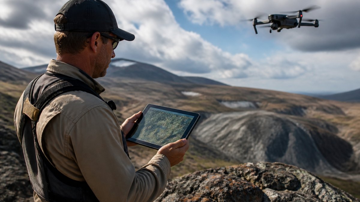 A geologist in field gear holding a tablet displaying a mapping interface, standing on a rocky outcrop with a drone hovering in the background